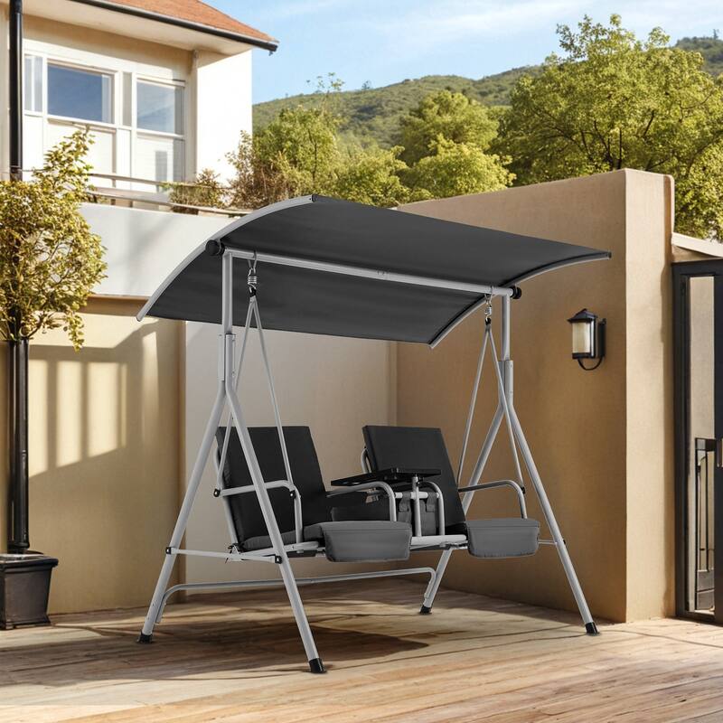 Outdoor Porch Swing with Stand, 2 Person Swing with Canopy, Pivot Storage Table, 2 Cup Holders, Cushions for Patio, Backyard