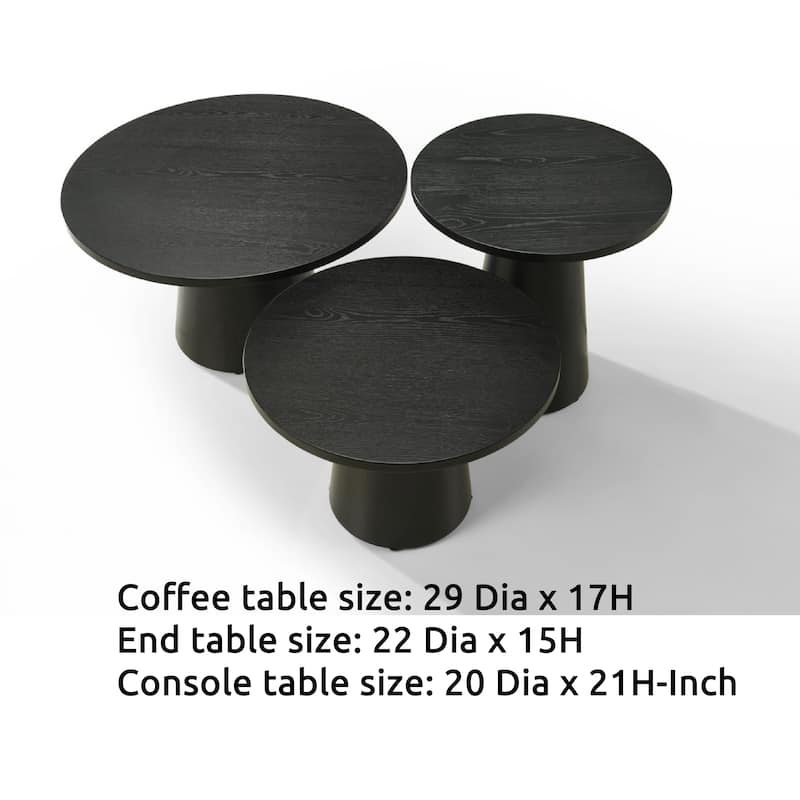 Bili 3pc Round Coffee, End and Console Table Set, Ebony Black Wood