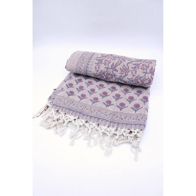 Fabdivine Kamal Dutta Handwoven Cotton Throw Blanket - Floral Block Print, Cozy Sofa & Bed Accent with Natural Fringe, 90"x54"