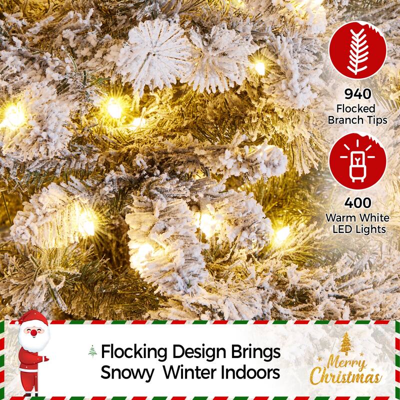 Yaheetech 6ft/7.5ft Pre-lit Snow Flocked Christmas Tree with 400 Warm LED Lights & 940 Tips, Green