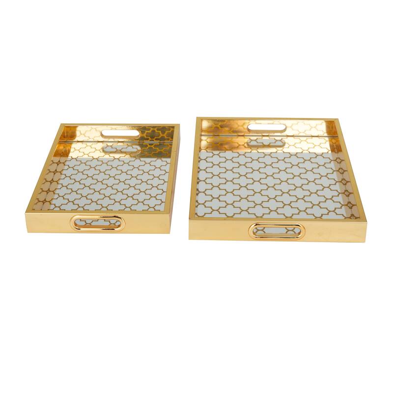 Polished Gold Plastic Mirrored Geometric Tray (Set of 2)