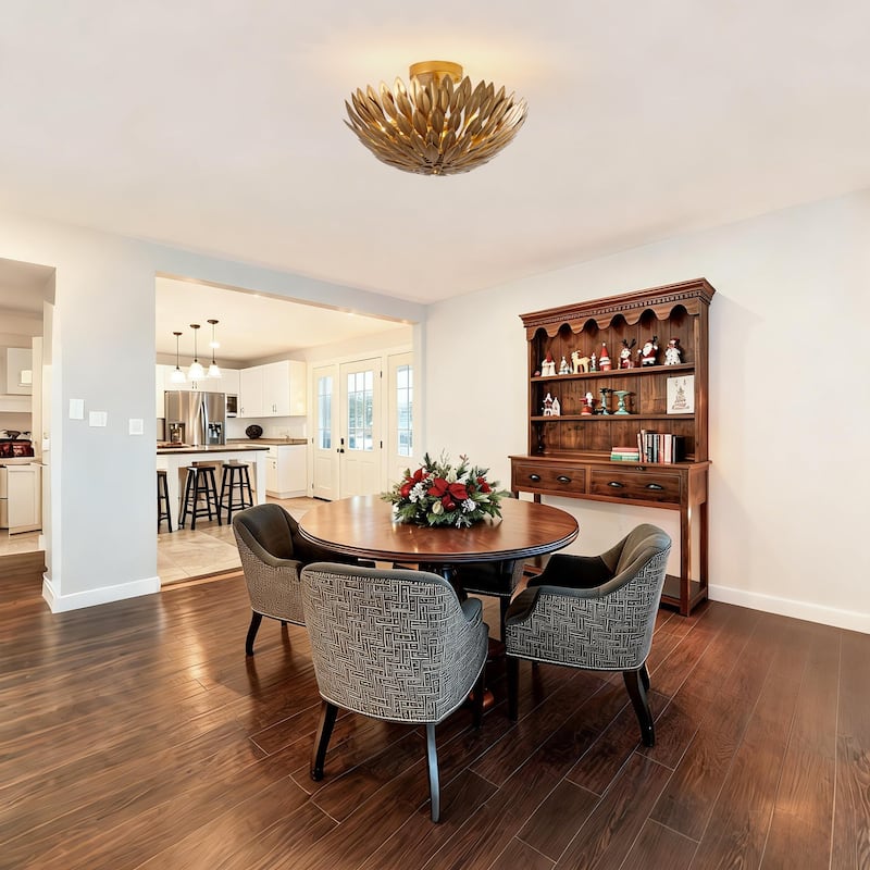 Antique Gold Olive Leaf 3-Light Semi Flush Mount Ceiling Light - 16" W x 10.1" H