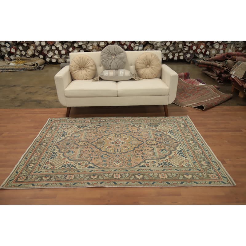 Hand Knotted Oriental 100% Wool Carpet Traditional Floral Pink Tabriz Area Rug - 6' 6'' X 4' 10''