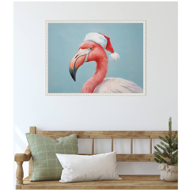 Kate and Laurel Sylvie Beaded Flamingo Santa Hat Portrait Framed Canvas by The Creative Bunch Studio