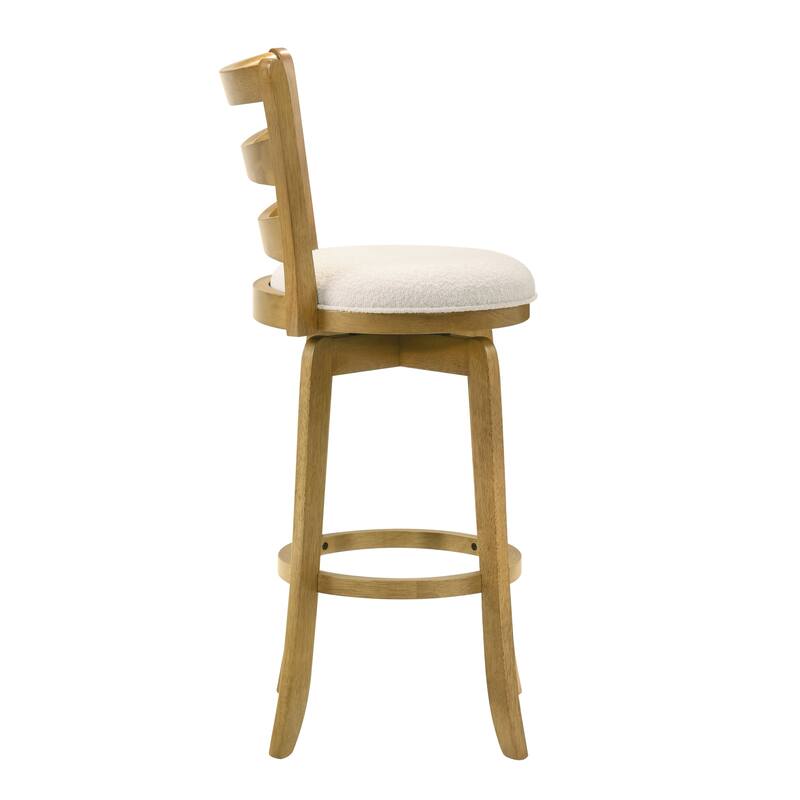 Melindra White Boucle Swivel Bar Stool, Upholstered Counter Stool with Solid Wood Legs