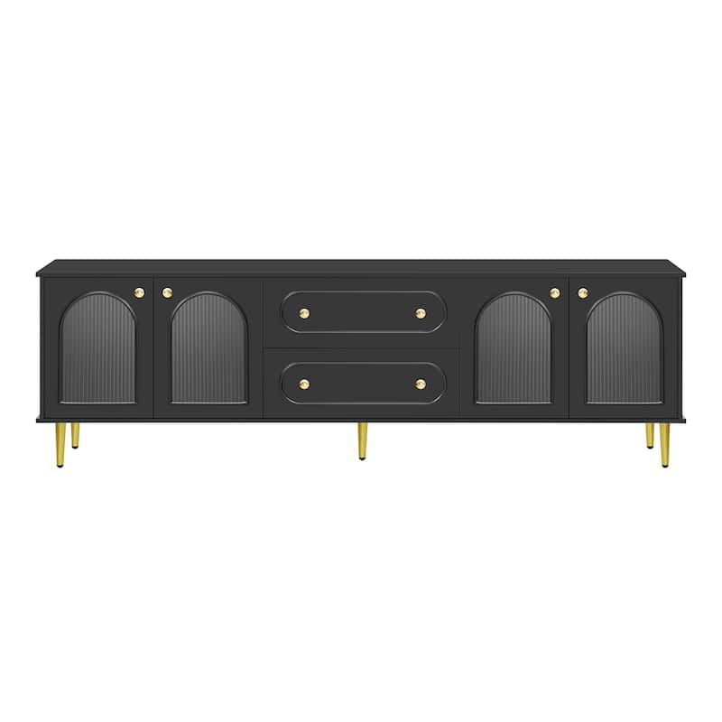 78.7'' Modern TV Stand with Five Metal Legs & Metal Handles, Glass Door Metal TV Cabinet with 2 Drawers & 2 Cabinets, Up to 80''