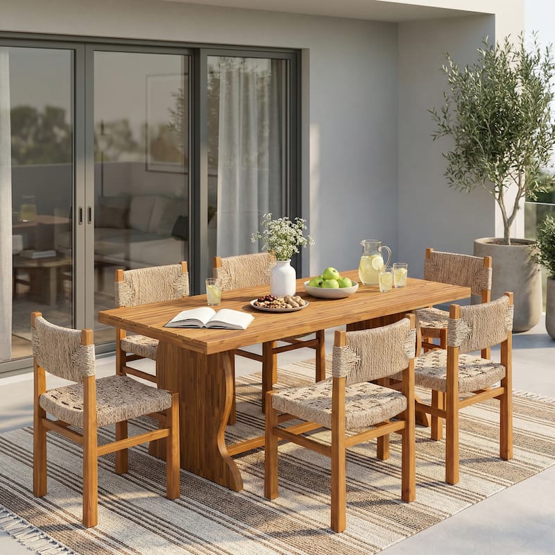 Christopher Knight Home - 7-Piece Solid Acacia Wood Outdoor Dining Table Set with Wicker Woven Dining Chairs - Natural