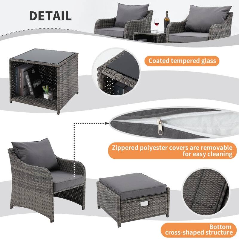 EROMMY 5-Piece Wicker Patio Furniture Set with Cushions - Rattan Chairs, Ottoman & Side Table for Balcony, Outdoor Lounge Set