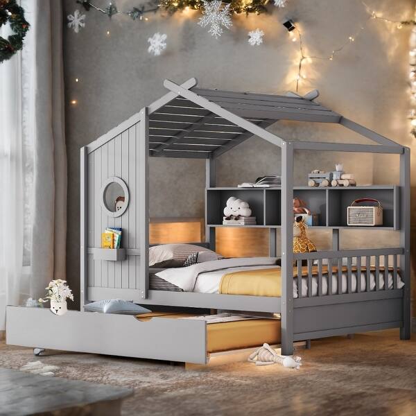 slide 2 of 18, Modern Design Full Size House Bed with Wooden Trundle-Gray Gray