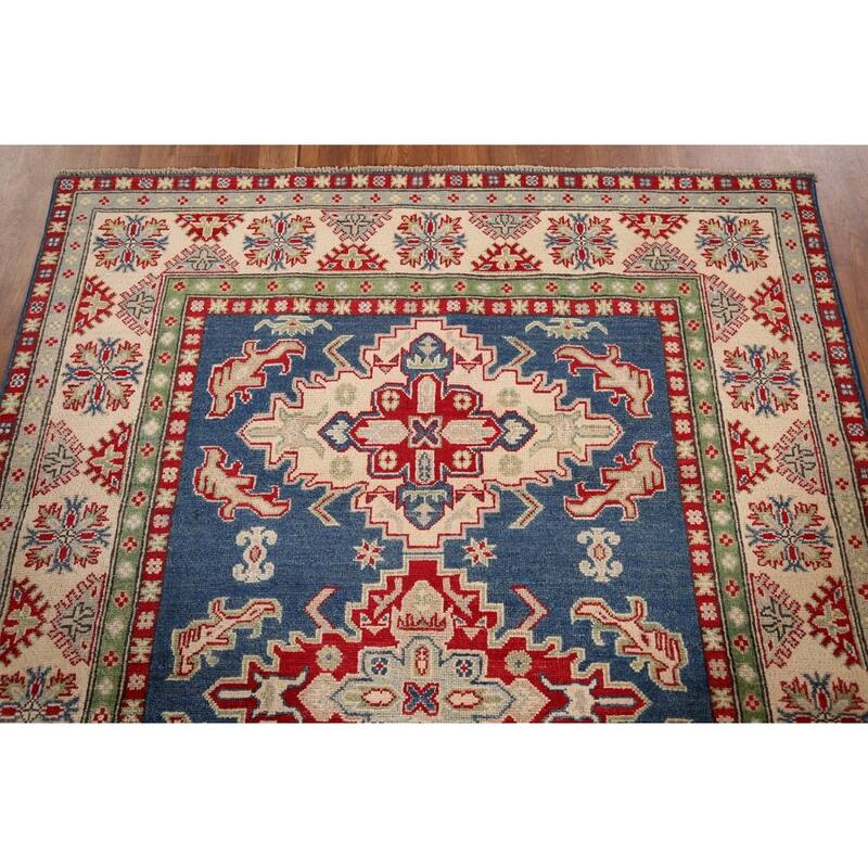 Blue Geometric Kazak Area Rug Hand-Knotted Geometric Wool Carpet - 5'0" x 6'8"