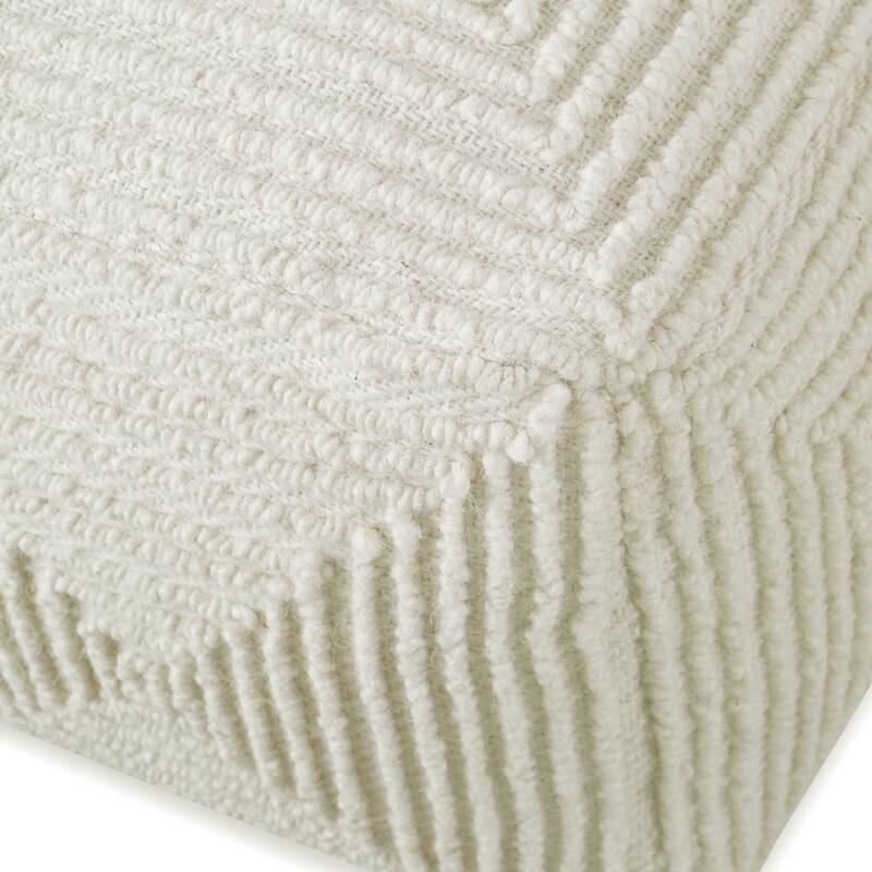 Handwoven Geometric Wool Rectangular Pouf Ottoman - 24" - Cream