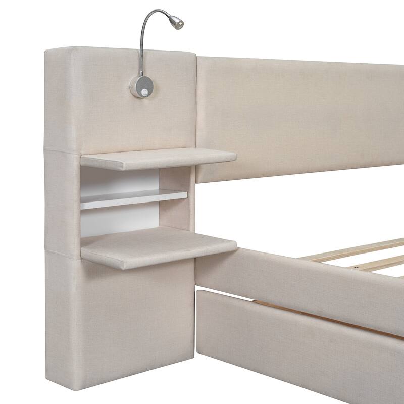 Linen Upholstered Platform Bed, Wingback Storage Headboard with 2 Reading Lights, Wood Panel Bed Frame w/Drawers & Trundle Bed