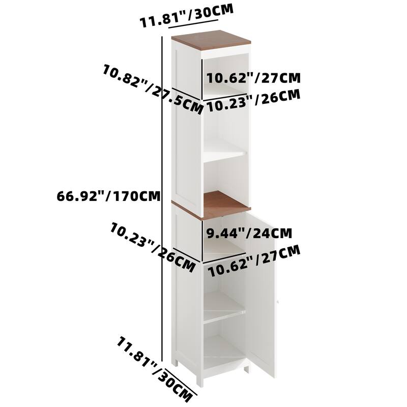 Tall Bathroom Storage Cabinet with Reversible Door, Freestanding Linen Tower with Open Shelves and Enclosed Cabinet