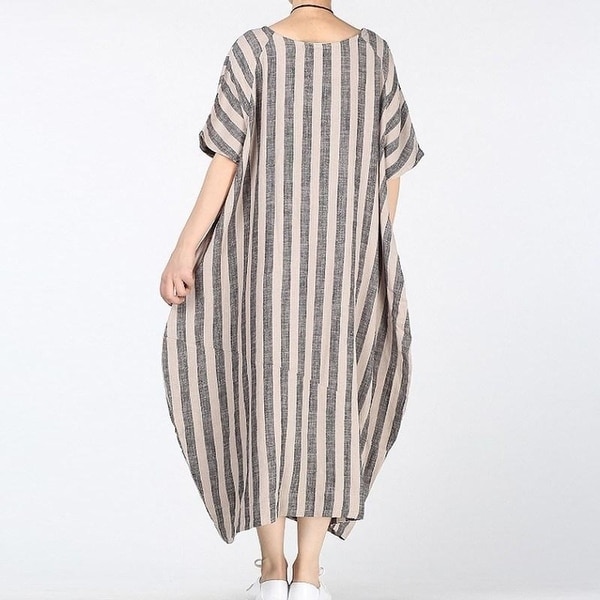 Womens Loose Striped Cotton Linen Dress Casual Kaftan Vintage Boho Sleeveless A-Line Maxi Dress with Side Pockets