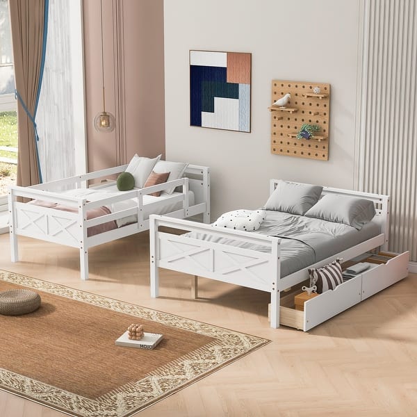 slide 2 of 10, Twin over Full Bunk Bed with Ladder, 2-Drawers, Convertible, White White