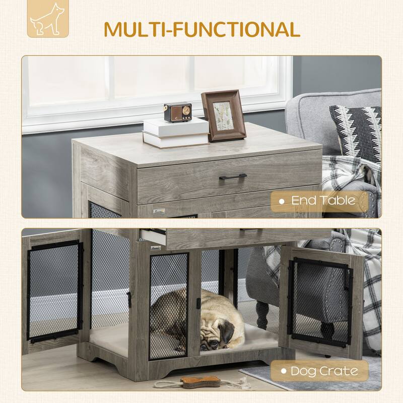 PawHut Dog Crate Furniture with Soft Water-Resistant Cushion, Dog Crate End Table with Drawer - Grey
