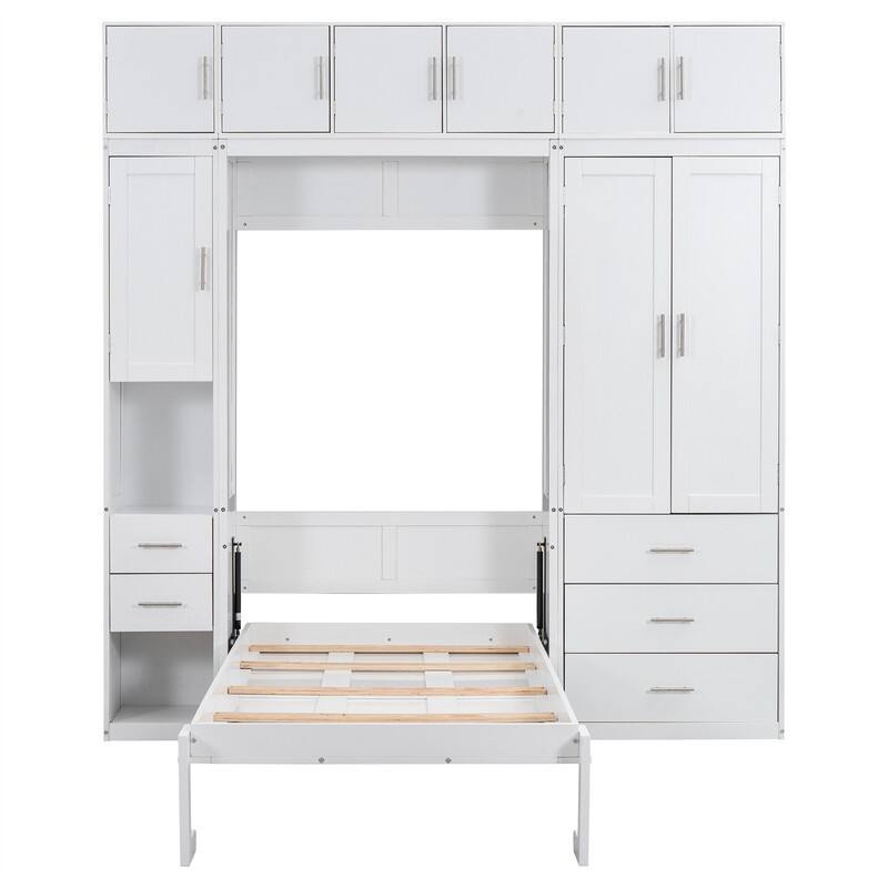 Twin/Full Size Murphy Bed with Wardrobe, Storage Drawers and Lockers, Solid Wood Wall Bed Cabinet Bed w/ Open Shelves & Cabinets