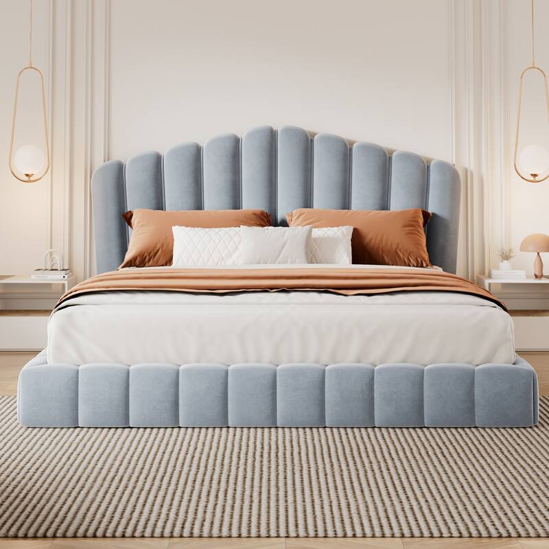 Velvet Upholstered Queen Bed Frame Floor Bed Shell-Shaped Headboard Wingback Frame Bed, No Box Spring Needed