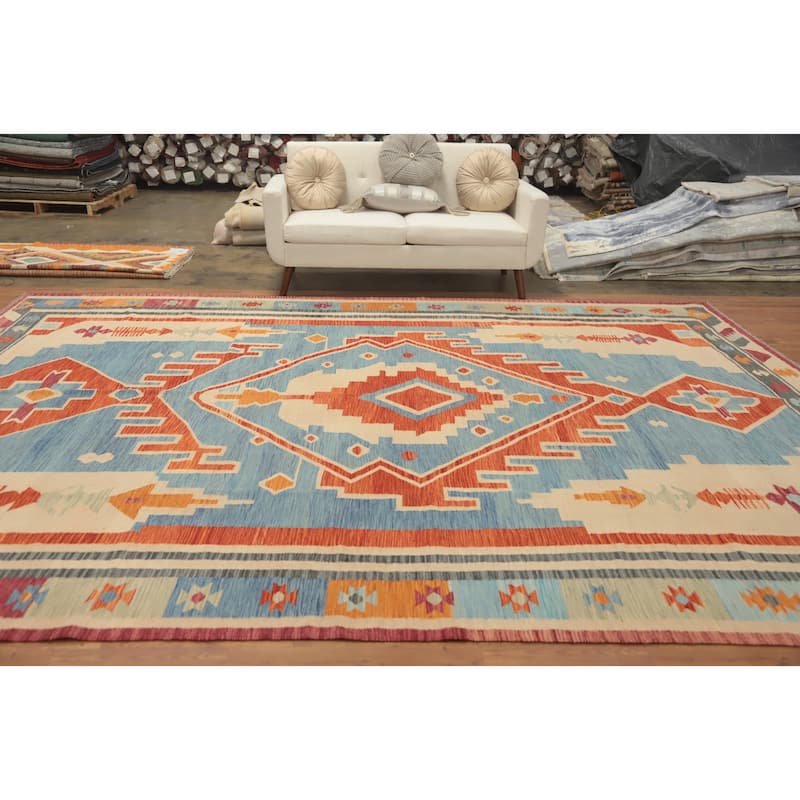Hand Woven Oriental 100% Wool Carpet Southwestern Medallion Navy Blue & Blues Kilim Area Rug - 13' 2'' X 9' 10''