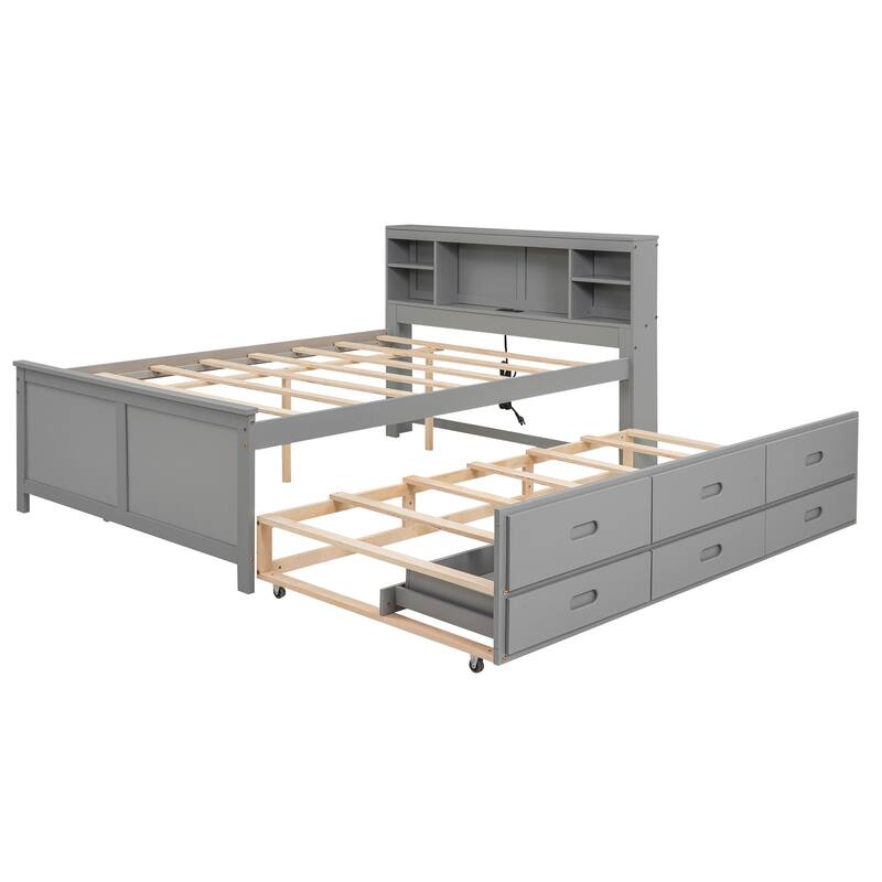 Platform Bed with Storage Headboard, USB, Twin Size Trundle and 3 Drawers
