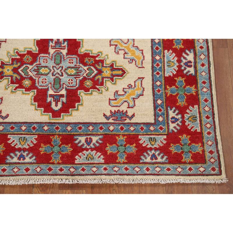 Ivory Geometric Kazak Oriental Accent Rug Handmade Wool Carpet - 3'7" x 5'2"