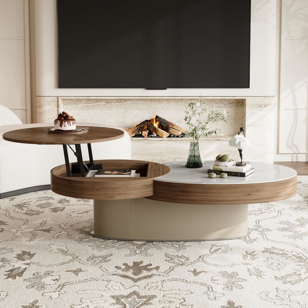 51.97" Modern Lift-Top Coffee Table, with Storage, White Glossy Stone Table top,Solid Wood Texture