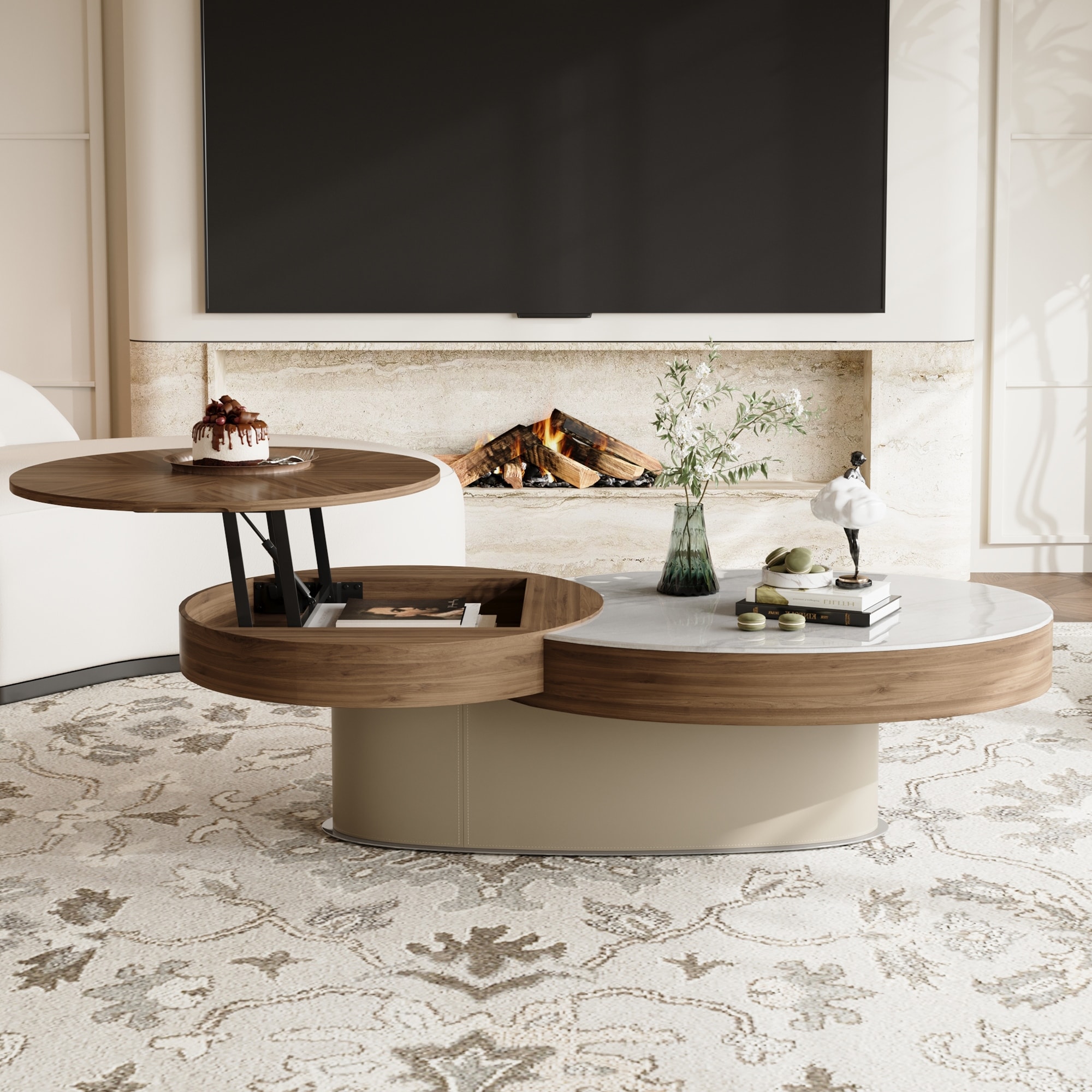 52'' Oval Lift Top Coffee Table with Hidden Storage, White Faux Stone Tabletop, Wood Grain Frame for Living Room