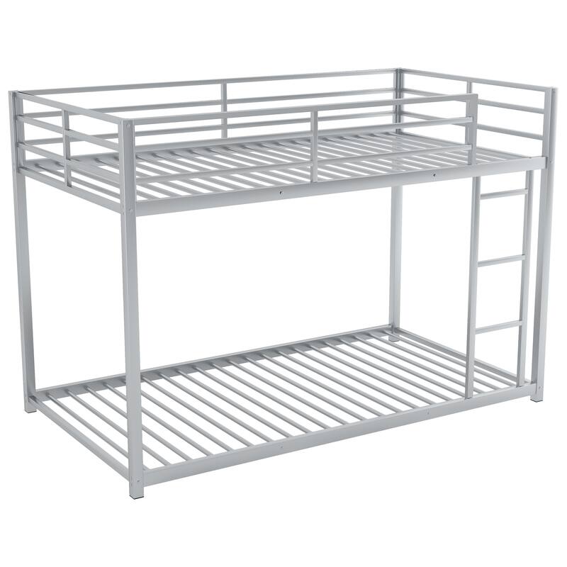 Twin over Twin Low Metal Bunk Bed with Ladder, Silver