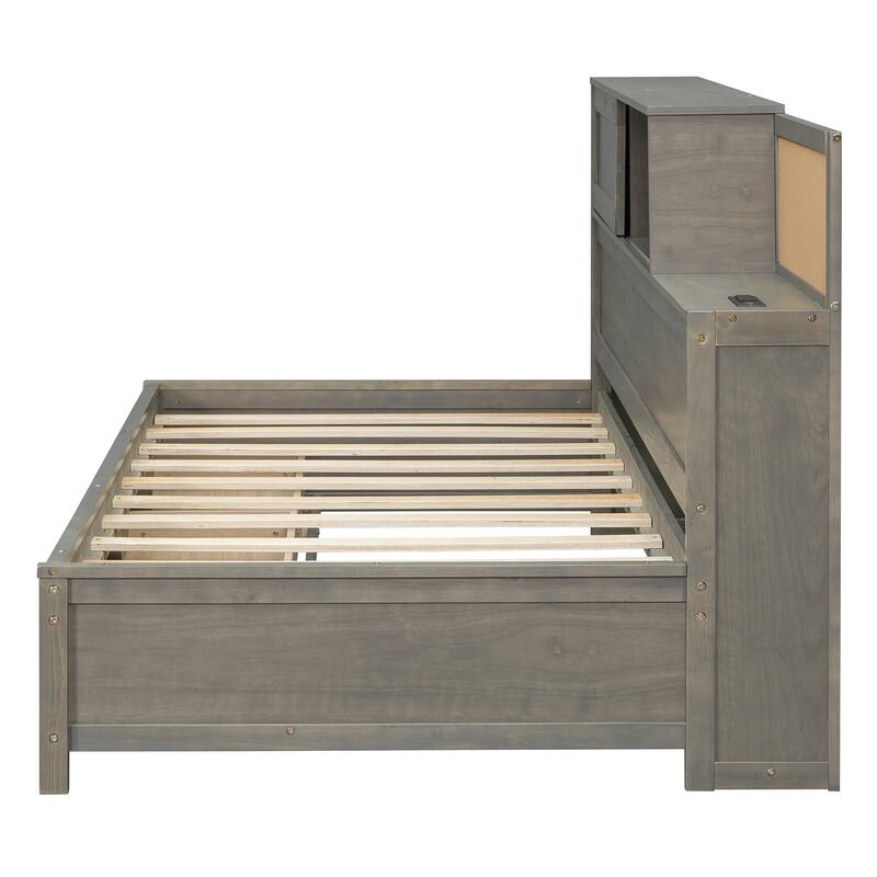 Twin Size Wooden Daybed with 3 Storage Drawers, Upper Soft Board, shelf, and a set of Sockets and USB Ports