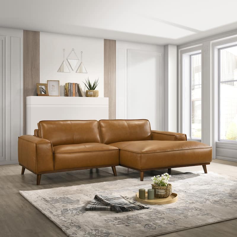 Dayton Mid-Century Modern Genuine Leather Sectional Sofa - Tan Leather