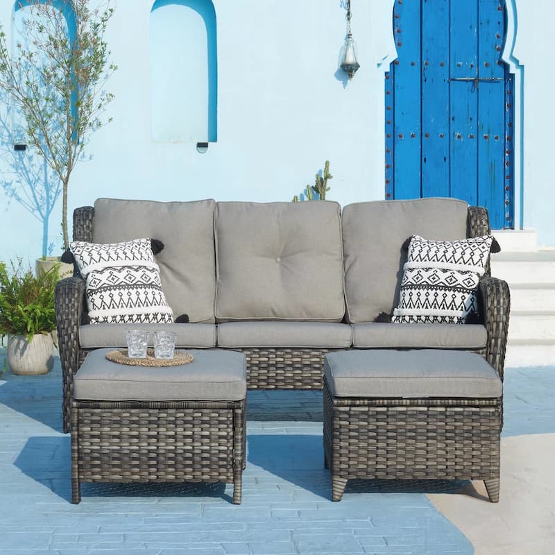 Pocassy 3-Piece Outdoor Wicker Sofa Set with Ottoman - Grey/Grey