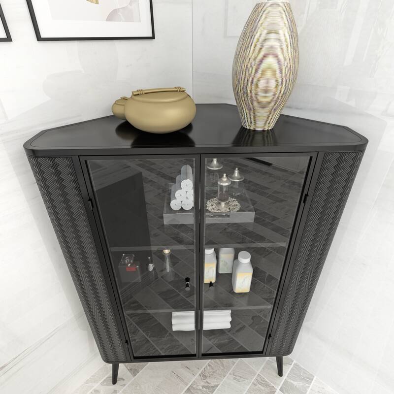 3-Tier Corner Bathroom Cabinet, Storage Cabinet with Tempered Glass Doors, Accent Cabinet with Removeable Shelves
