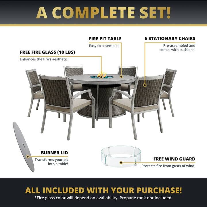 Kinger Home Isla Rattan 7-Piece Patio Set with Propane Fire Pit Table - 76-Inch