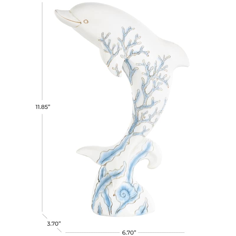 White Polystone Curved Dolphin Decorative Sculpture with Blue Coral Patterns