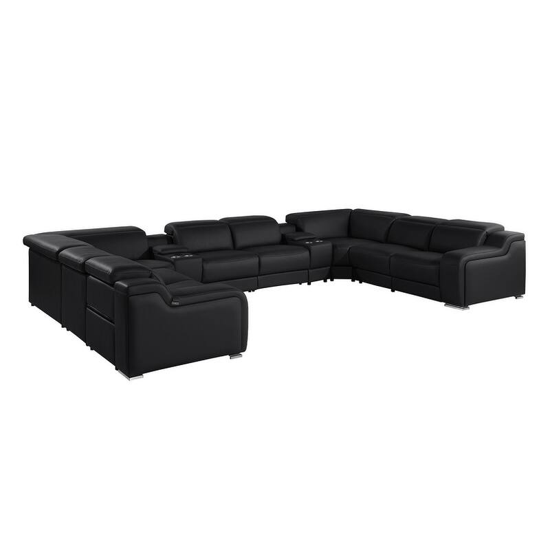 HomeRoots Black Italian Leather Power Reclining U Shaped Ten Piece Corner Sectional With Console