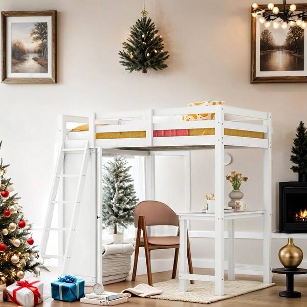 slide 2 of 15, Twin Size Loft Bed with Wardrobe and Desk,White Gray