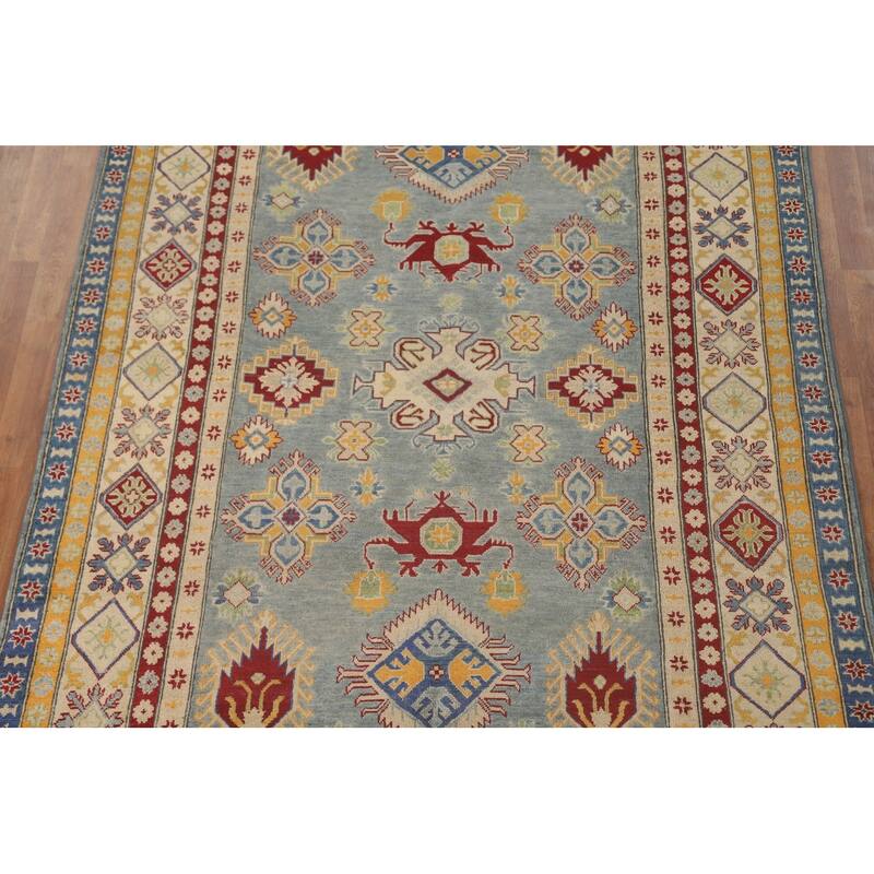 Geometric Kazak Area Rug Handmade Oriental Blue Wool Carpet - 6'7" x 9'10"