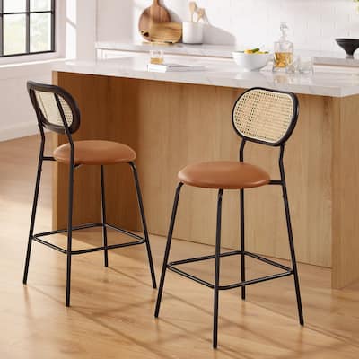 Art Leon Faux Leather Counter Height Bar Stool with Rattan Back