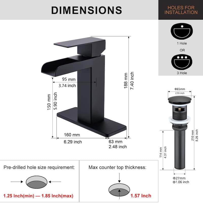 PROOX Bathroom Waterfall Faucet Single Handle with Drain Assembly