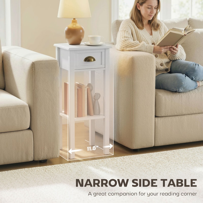 HOMCOM 2-Tier Night Stand with Drawer, Narrow End Table with Bottom Shelf, for Living Room or Bedroom