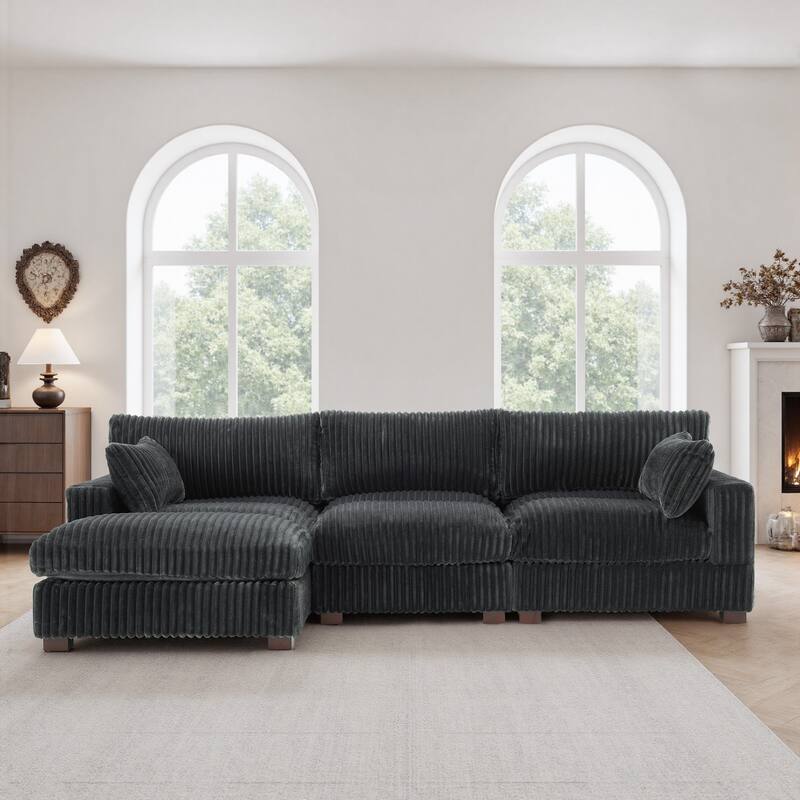 Plush Corduroy Upholstered Modular Sectional Sofa with Chaise
