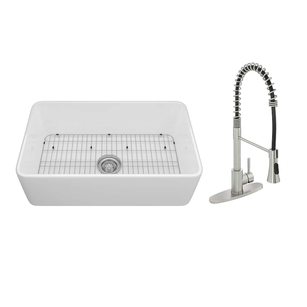 Farmhouse/Apron-Front Single Bowl Fireclay Kitchen Sink with Two-Function Sprinkler Kitchen Faucet, Bottom Grid, and Strainer