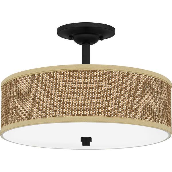 slide 2 of 5, Quoizel Zen 3-Light Mystic Black Semi-Flush Mount with Rattan Shade