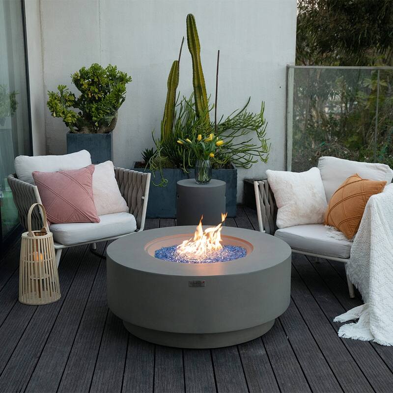 Elementi Plus Colosseo Outdoor Fire Pit Table Concrete Round 60000 BTU - 40.9 x 40.9 inches with Lid, Fire Glass, and Cover