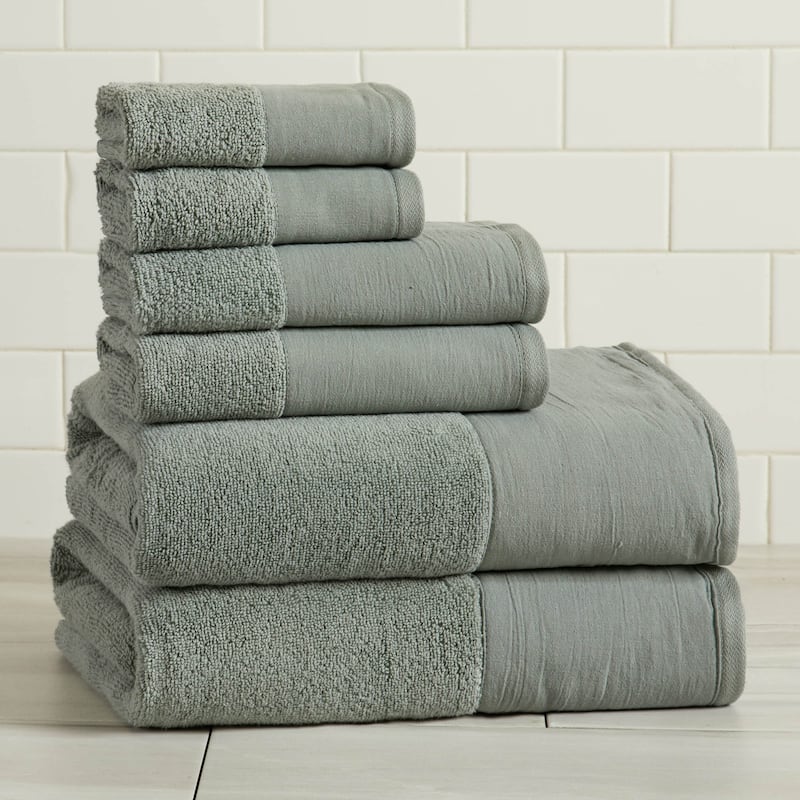 Linery & Co. Ultra-Soft Cotton and Linen Like Border Towel Set - Sage Green - 6 Piece Set