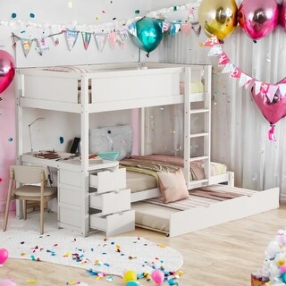 Twin-Over-Twin Bunk Bed with Twin size Trundle, Storage and Desk,