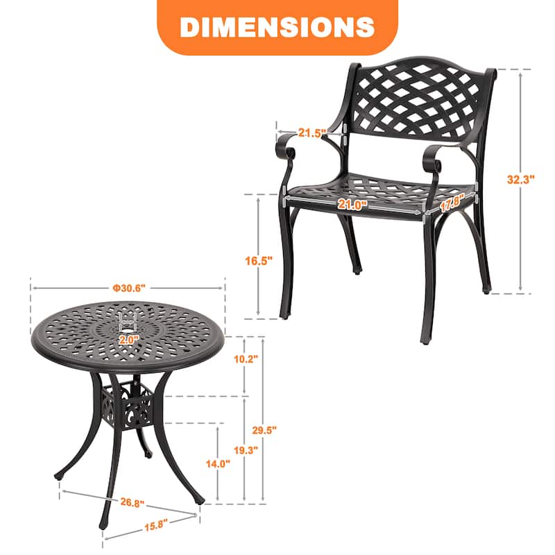 Outdoor 2-Person Cast Aluminum Bistro Set with 2" Umbrella Hole