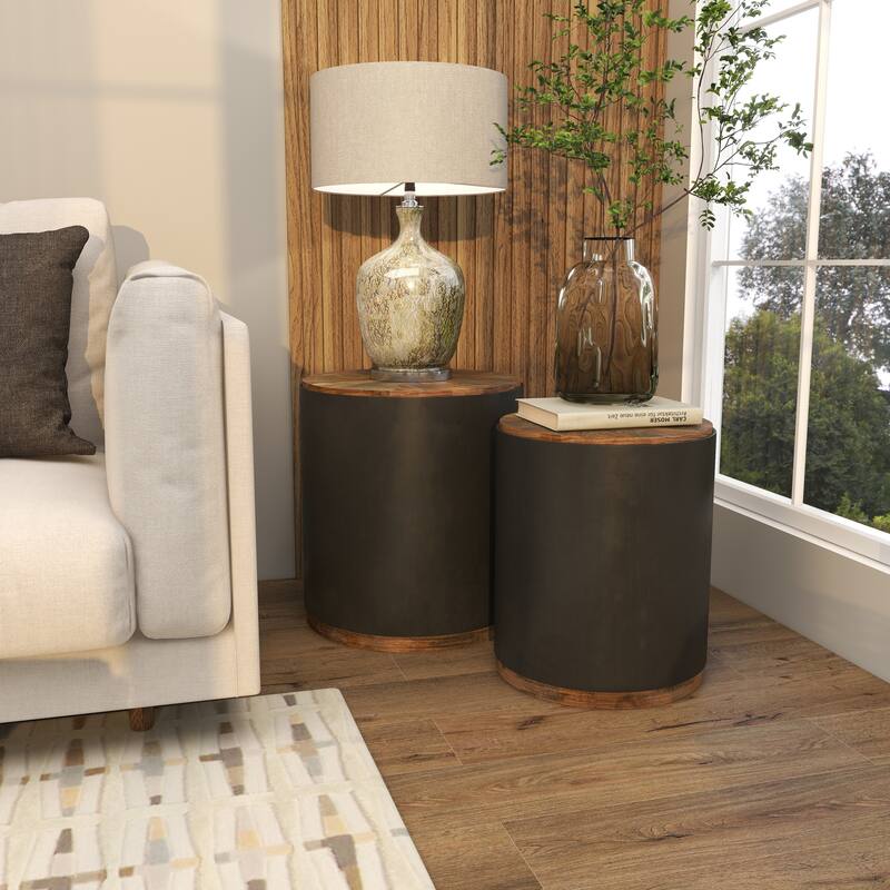 Metal Side End Accent Table with Brown Wood Top - Set of 2 Black - Roche River Decor