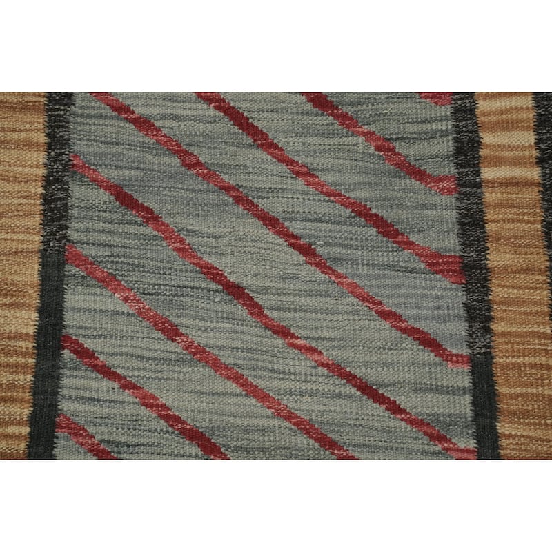 Hand Woven Oriental 100% Wool Carpet Southwestern Modern Greys & Charcoal Kilim Runner Rug - 9' 9'' X 3' 0''