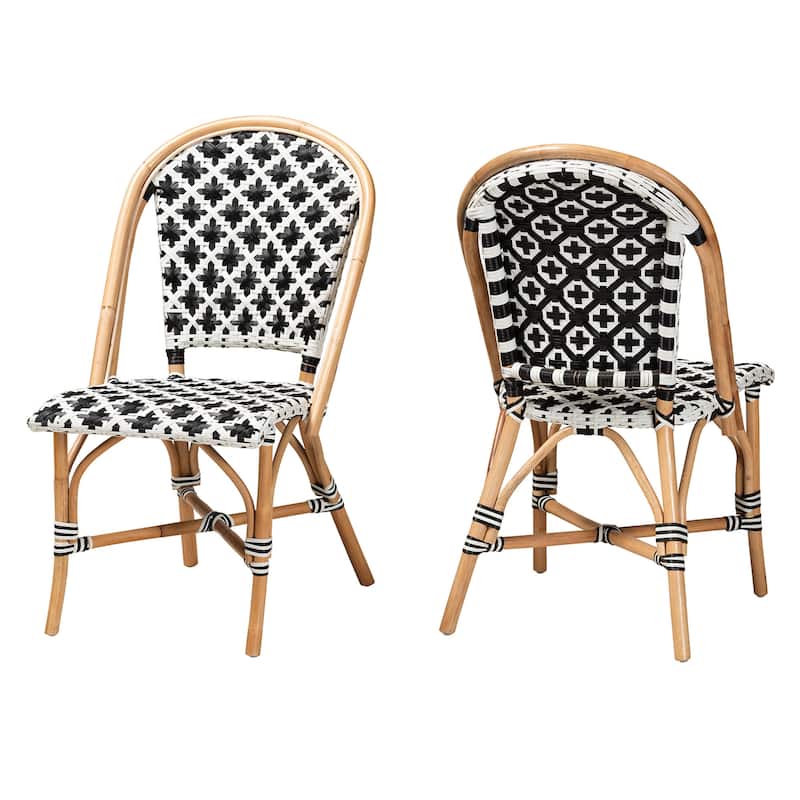Ambre Modern French Black and White Weaving Natural Rattan 2-Piece Bistro Chair Set - Black, White, Natural Brown